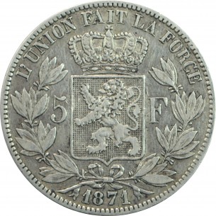 5 Francs BELGIQUE 1871 Léopold II 2