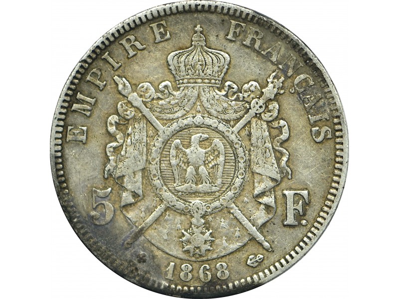5 Francs Napoléon III 1868 Tête Laurée Strasbourg