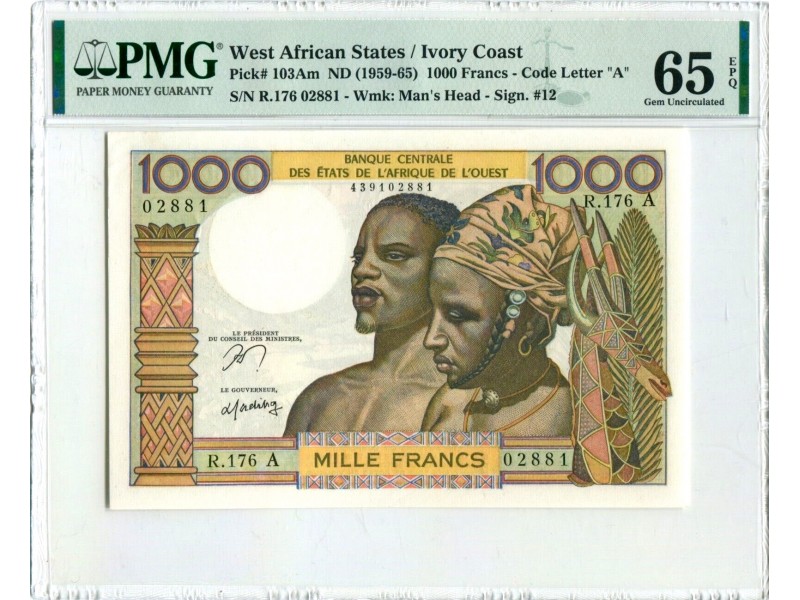 1000 Francs ÉTATS DE L'AFRIQUE DE L'OUEST (1959-1965) P.103Am  PMG 65 GEM UNC