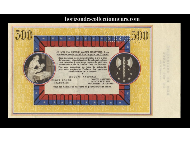 Bon de solidarité PÉTAIN 500 Francs Annulé 1944