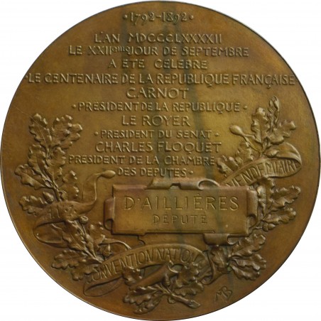 Médaille Assemblée nationale 1792-1892 Centenaire carnot