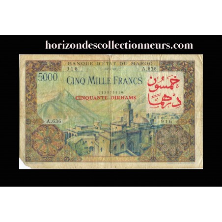 50 Dirhams sur 5000 Francs MAROC 1953 P.51