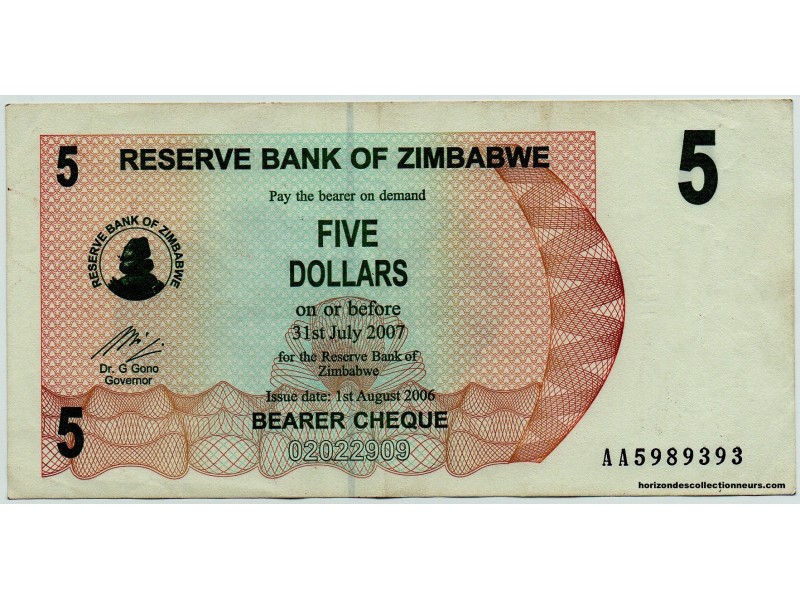 5 Dollars ZIMBABWE 2006 P.38 NEUF