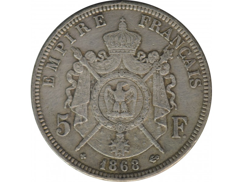 5 Francs Napoléon III 1868 Strasbourg, Tête laurée