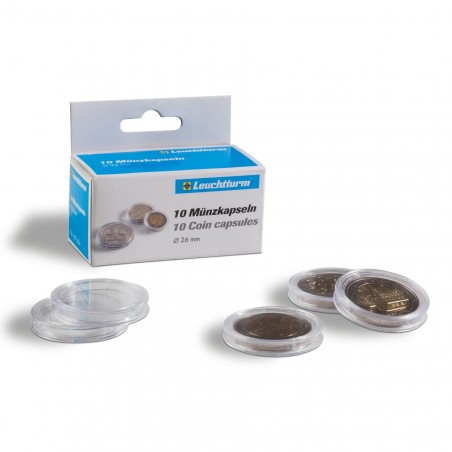 Capsules pour pièces de monnaie diamètre intérieur 26MM pour pièces de 2 euros boites de 10 Capsules pour pièces de monnaie diamètre intérieur 26MM pour pièces de 2 euros boites de 10